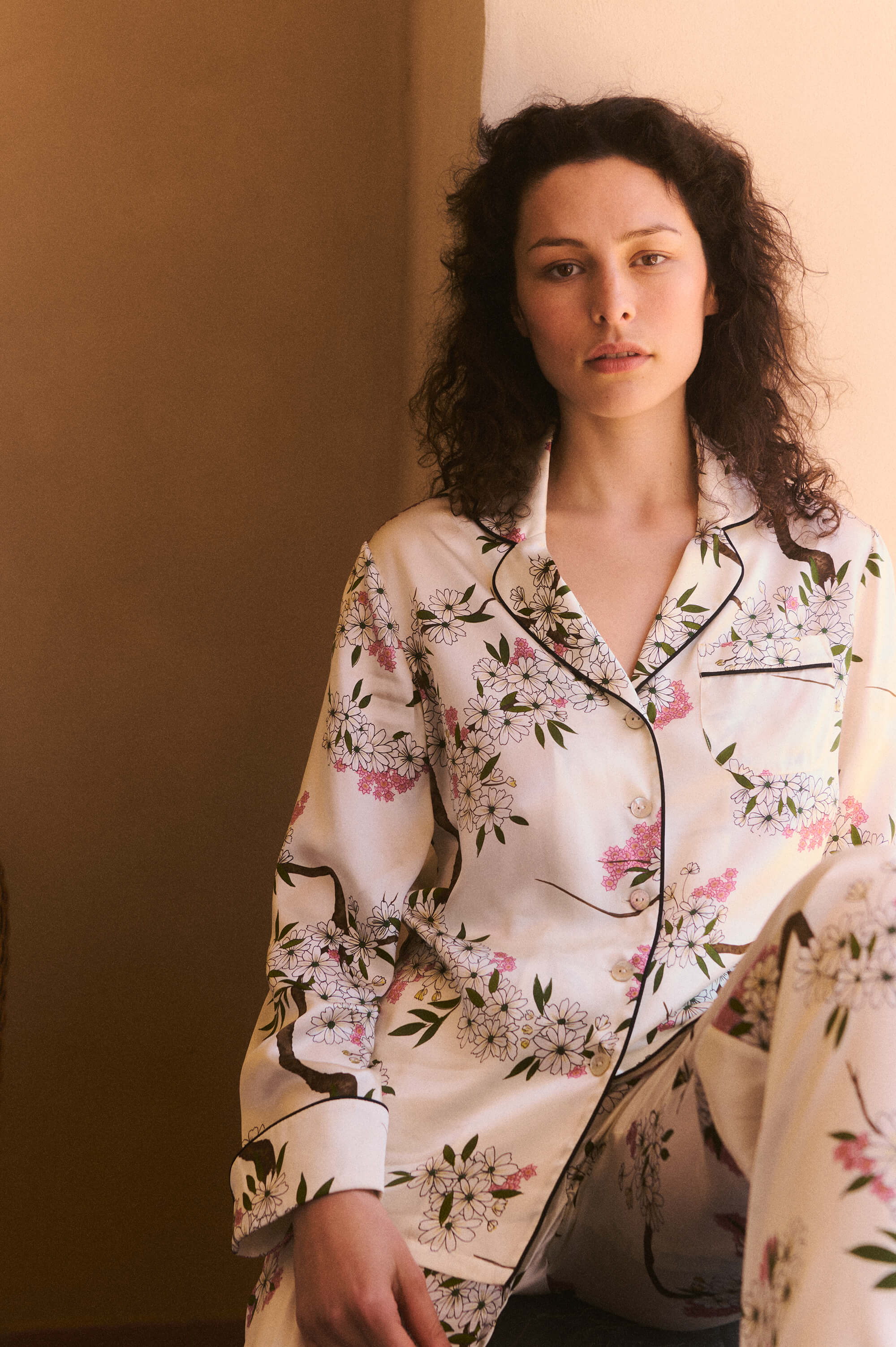 Lila Ana Ivory Blossom Pajamas in Silk Satin