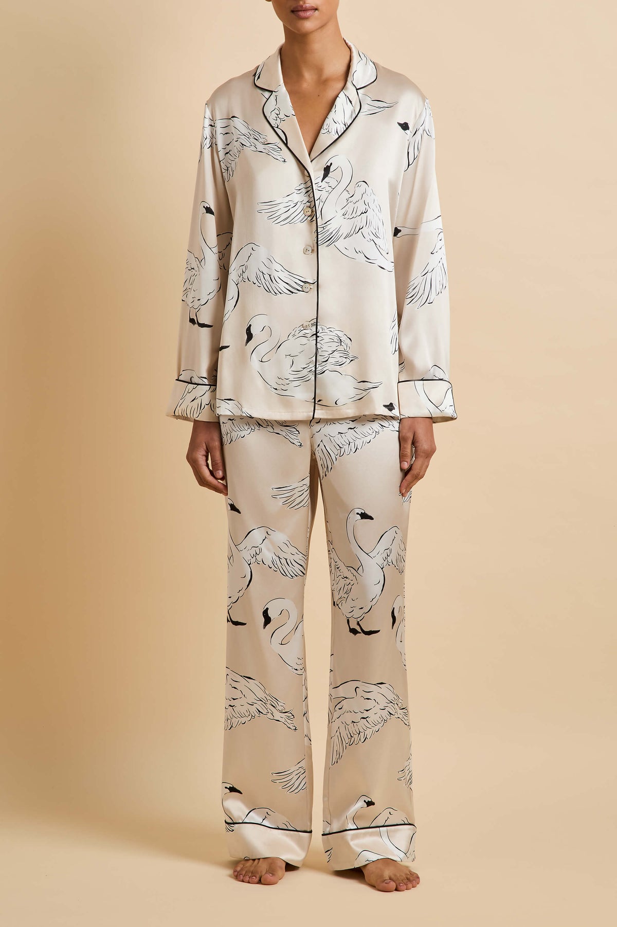 Lila Blanca Cream Swan Pajamas in Silk Satin