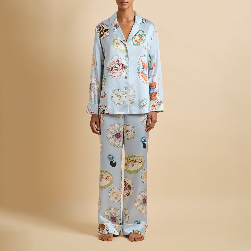 Lila Cadiz Blue Seafood Pajamas in Silk Satin