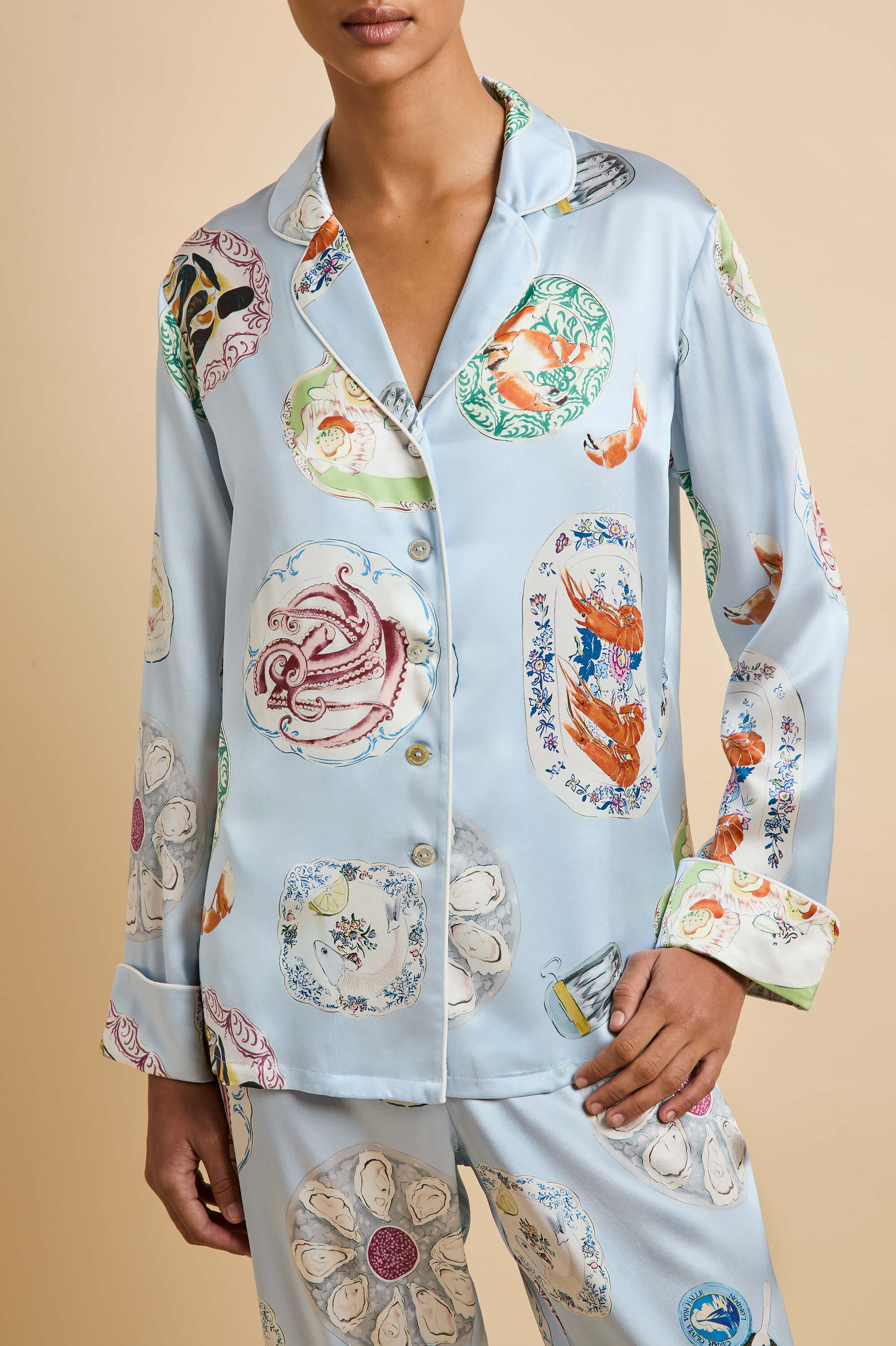 Lila Cadiz Blue Seafood Pajamas in Silk Satin