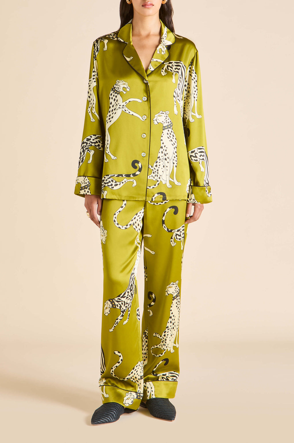 Lila Chanson Green Leopard Pajamas in Silk Satin