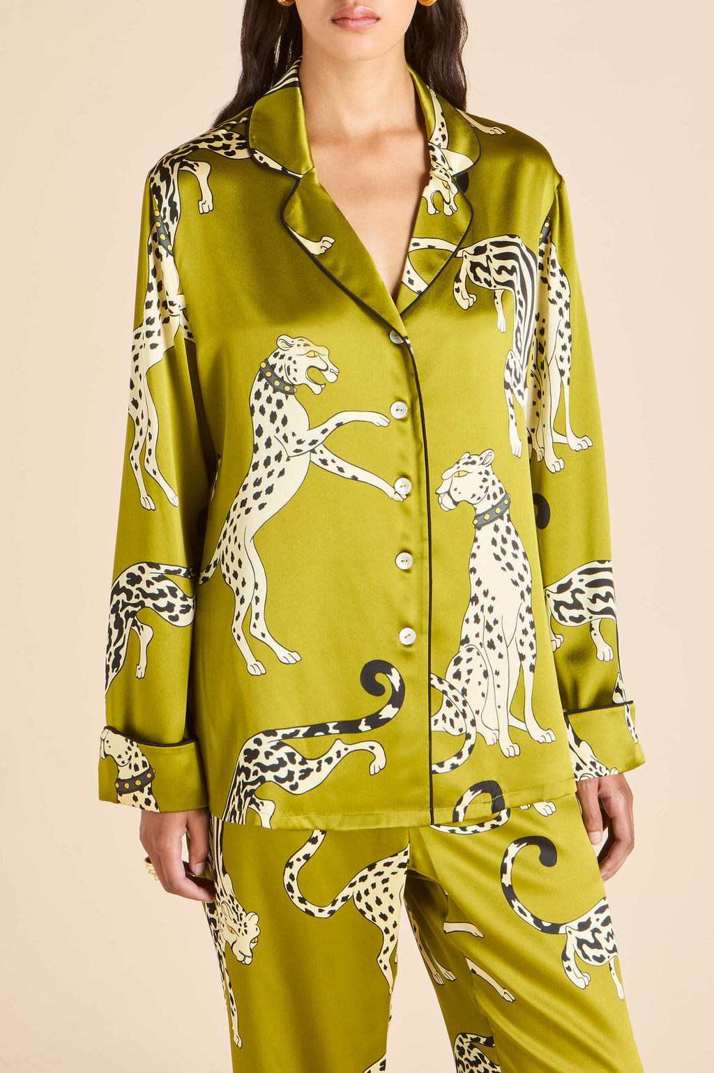 Lila Chanson Green Leopard Pajamas in Silk Satin