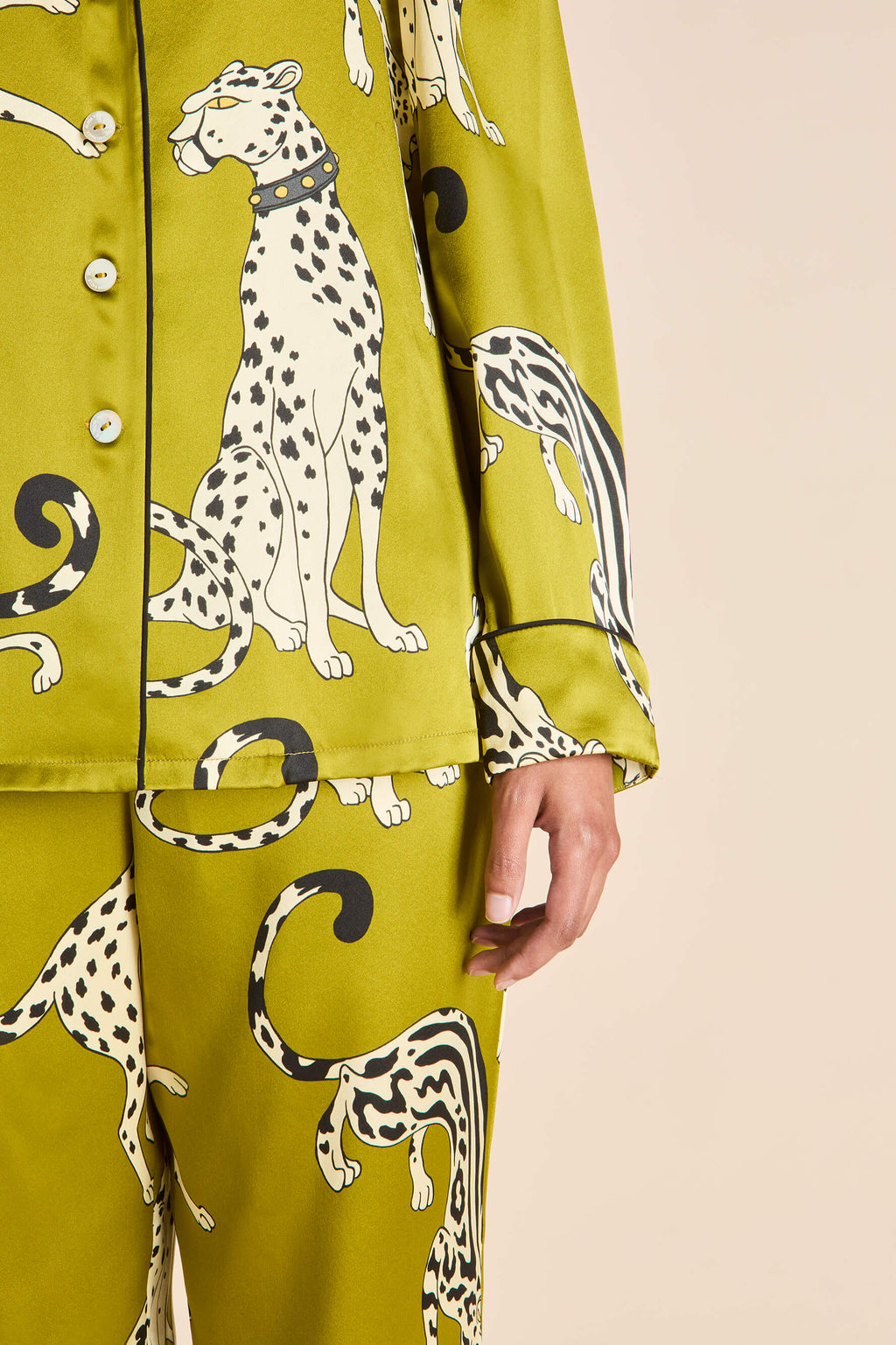 Lila Chanson Green Leopard Pajamas in Silk Satin