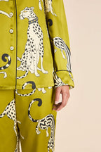 Lila Chanson Green Leopard Pajamas in Silk Satin