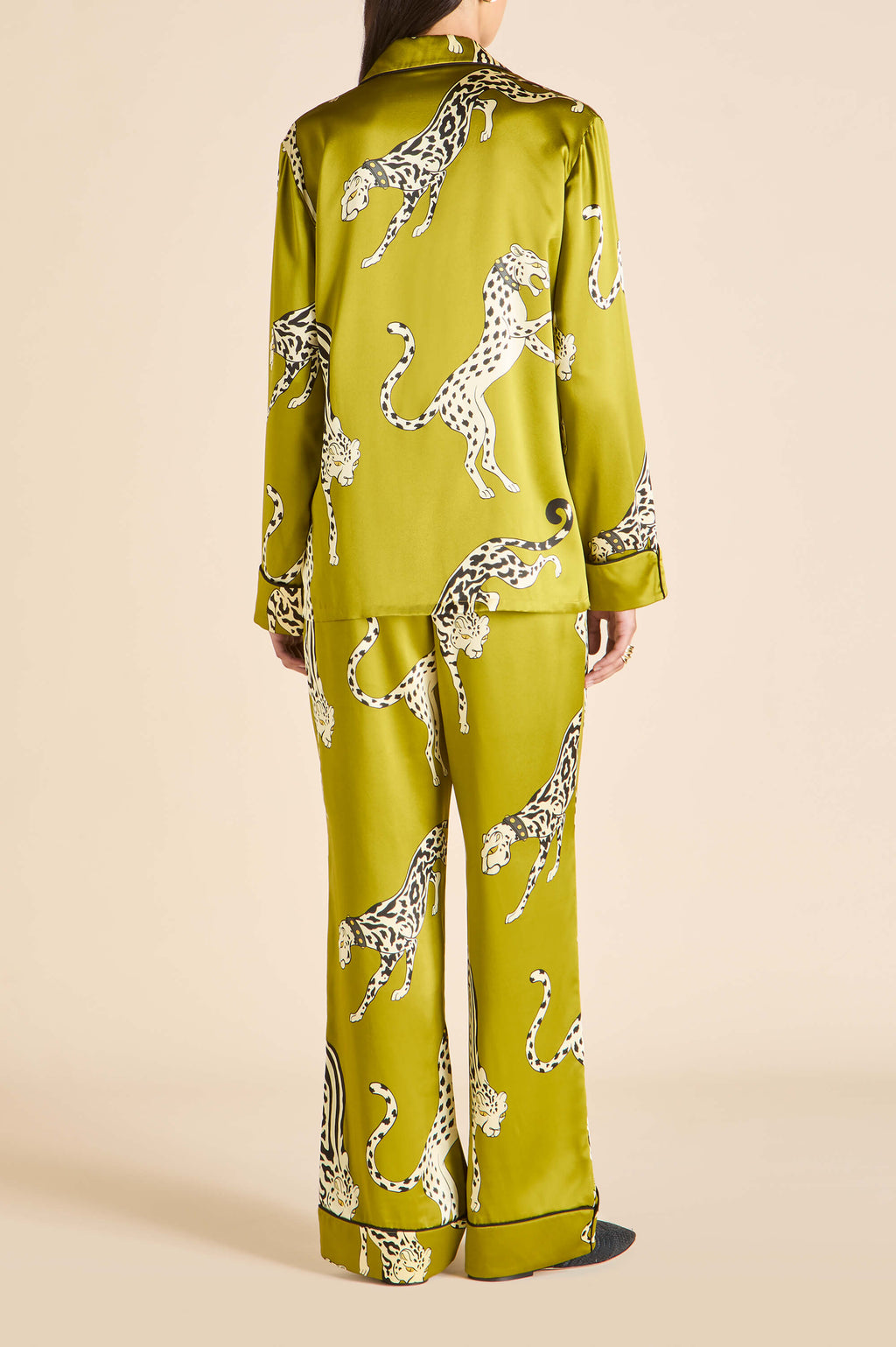 Lila Chanson Green Leopard Pajamas in Silk Satin