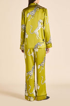 Lila Chanson Green Leopard Pajamas in Silk Satin