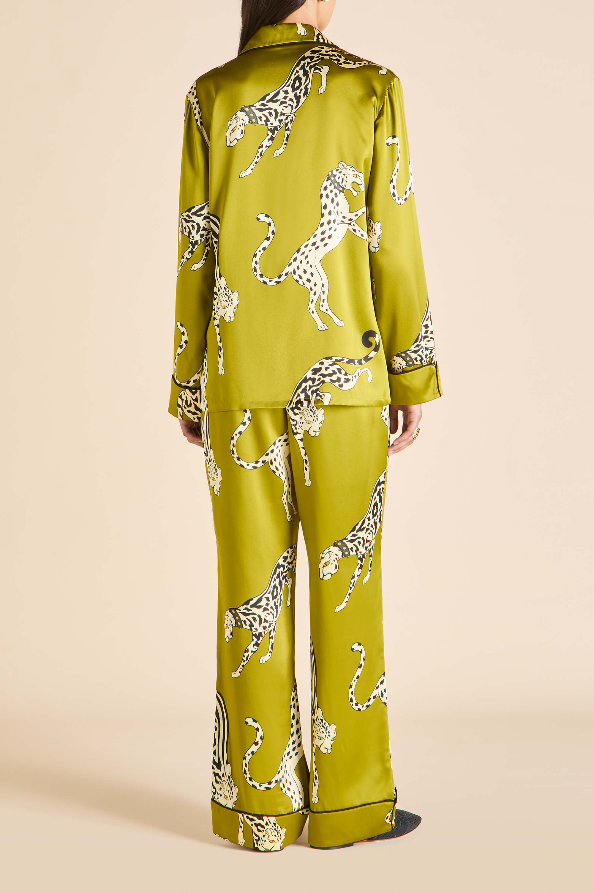 Lila Chanson Green Leopard Pajamas in Silk Satin