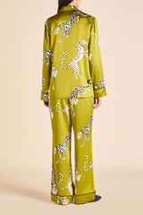 Lila Chanson Green Leopard Pajamas in Silk Satin