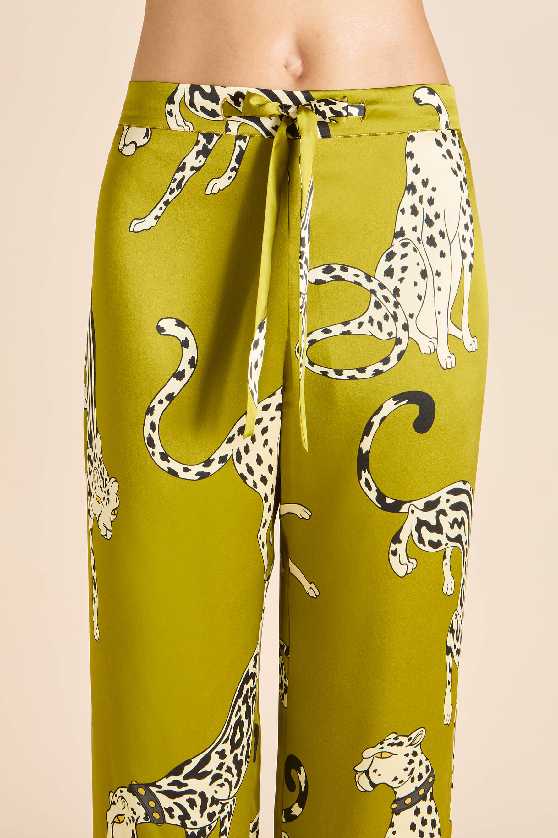 Lila Chanson Green Leopard Pajamas in Silk Satin