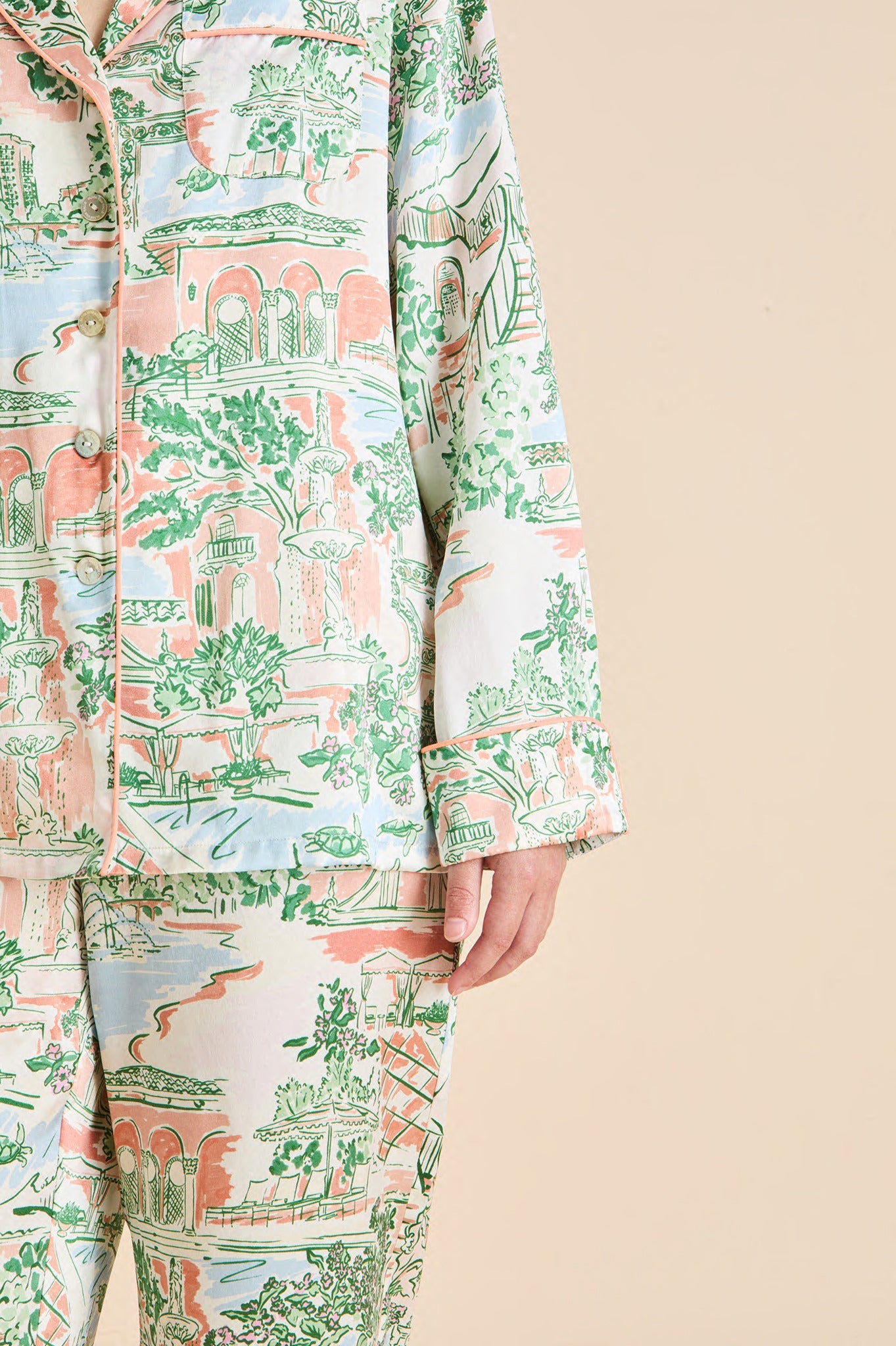 Lila Mansion Peach Landscape Pajamas in Silk Satin