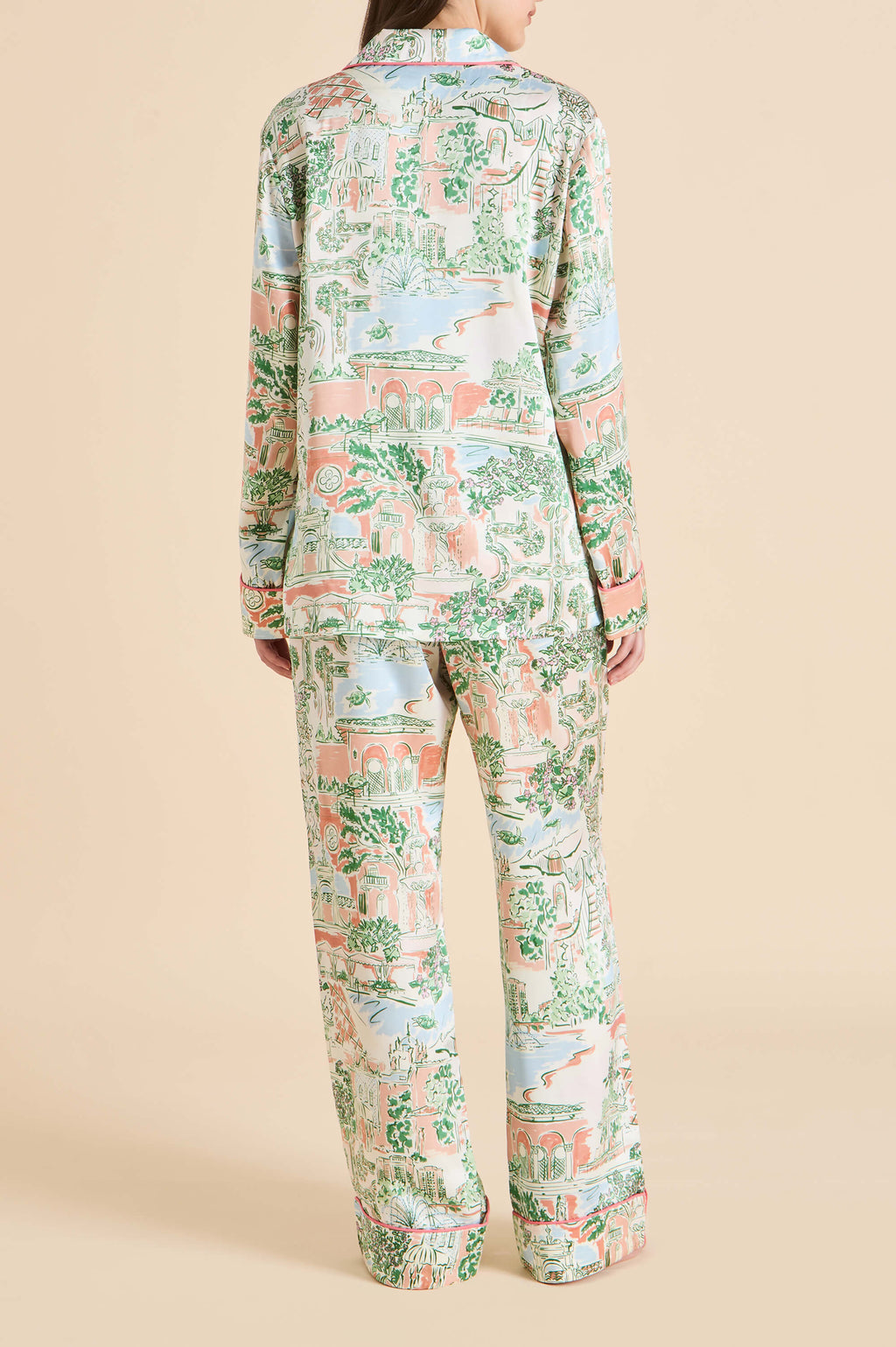Lila Mansion Peach Landscape Pajamas in Silk Satin