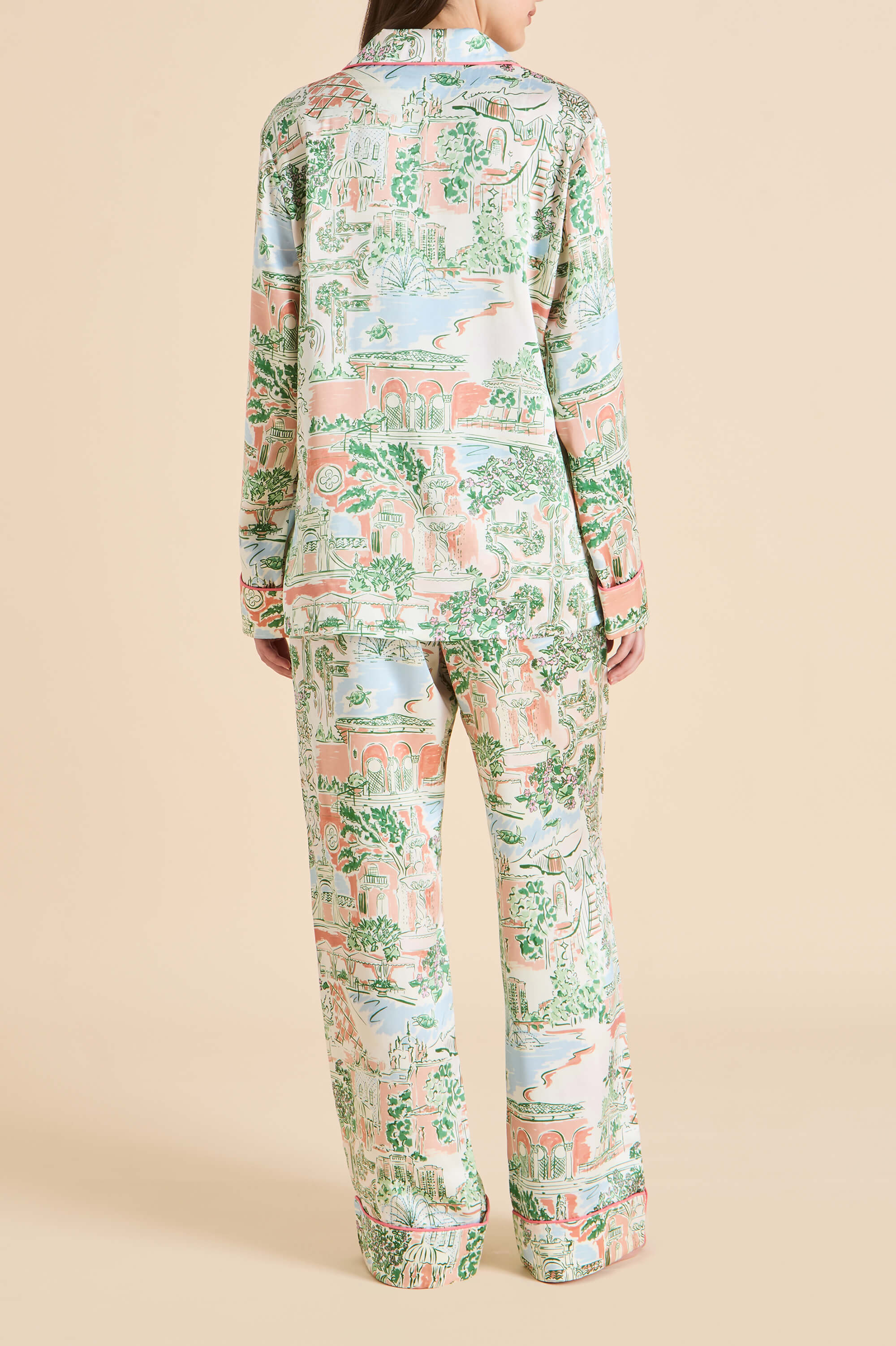 Lila Mansion Peach Landscape Pajamas in Silk Satin