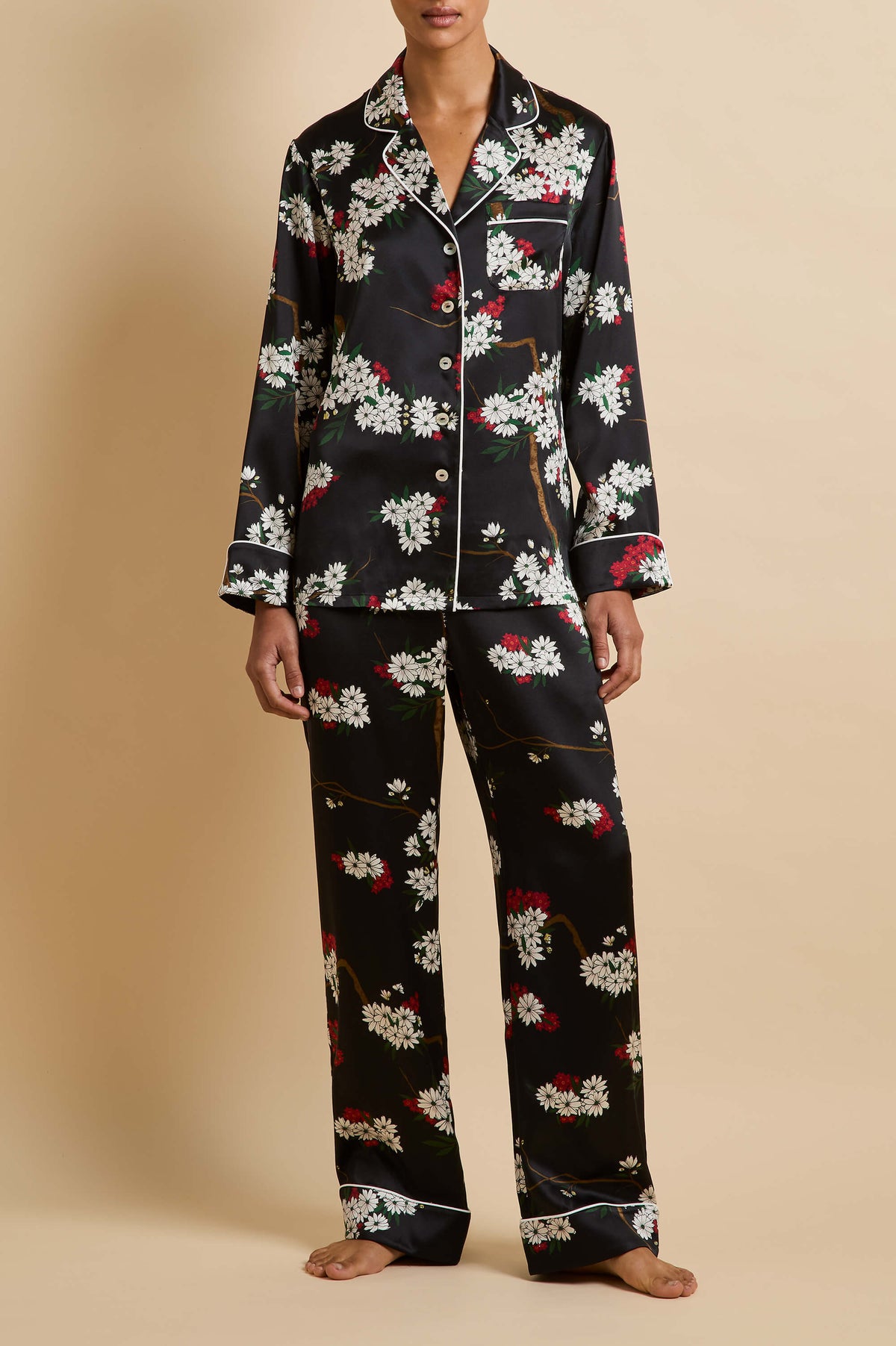 Lila René Black Blossom Pajamas in Silk Satin