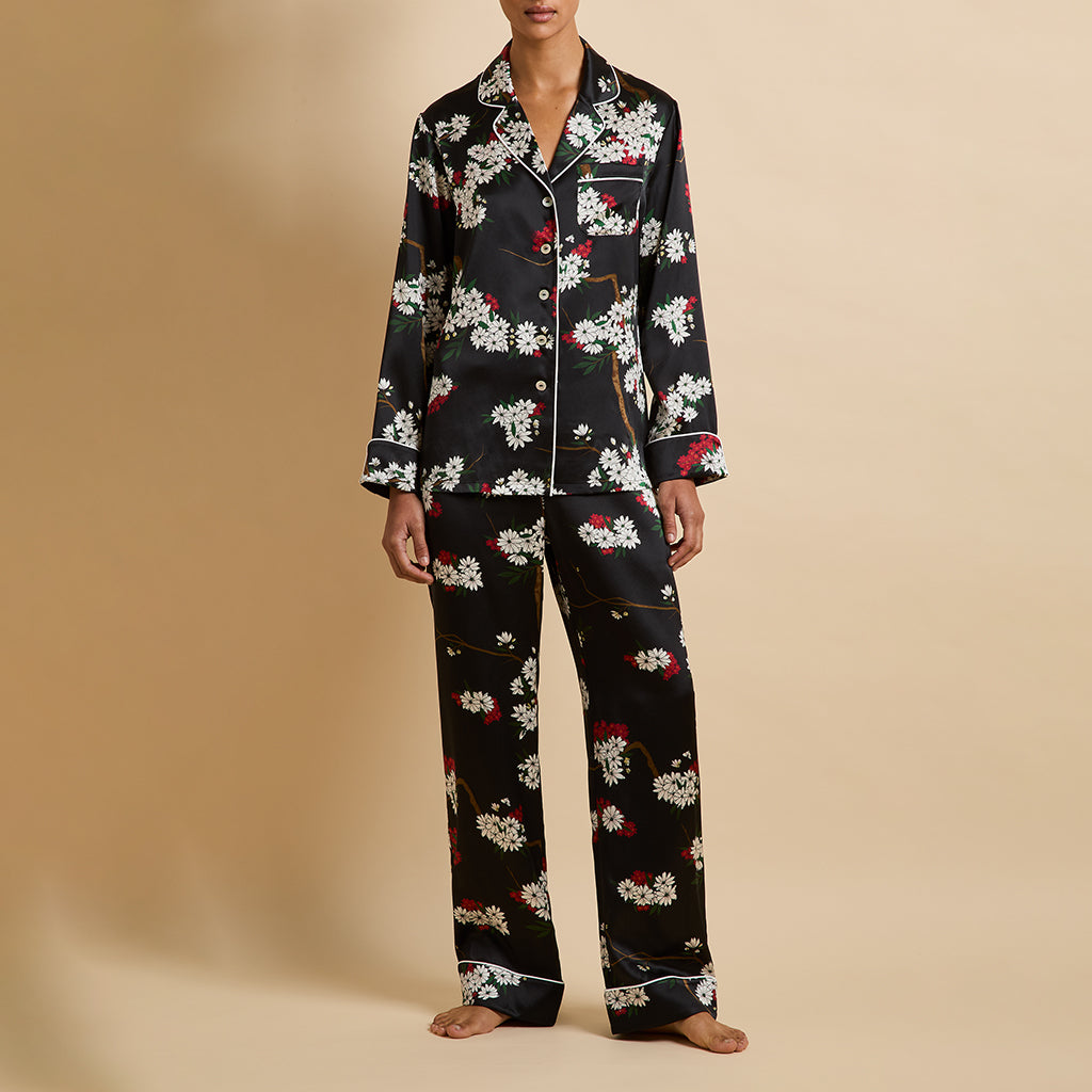 Lila René Black Blossom Pajamas in Silk Satin