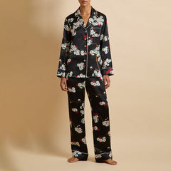 Lila René Black Blossom Pajamas in Silk Satin