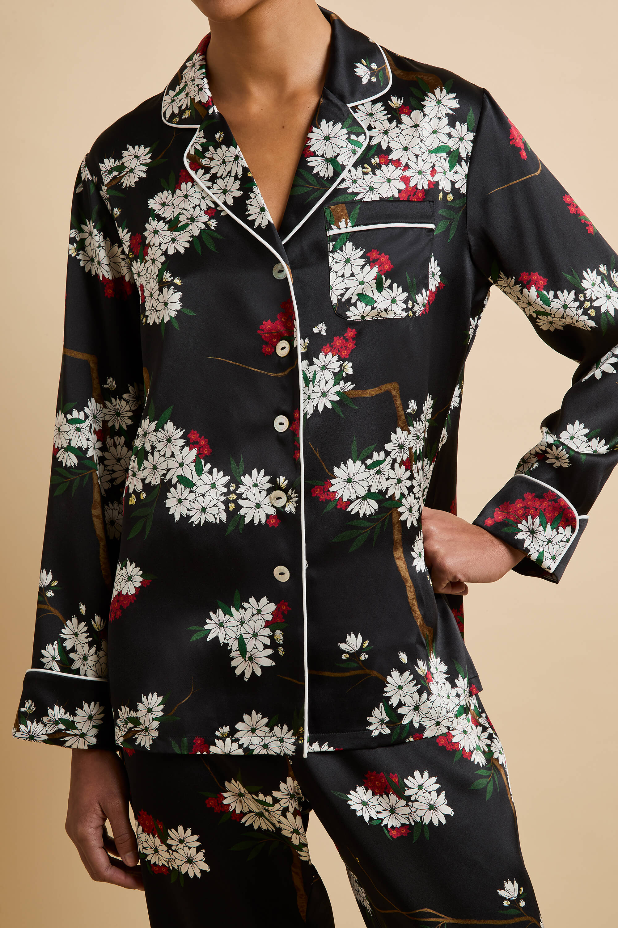 Lila René Black Blossom Pajamas in Silk Satin