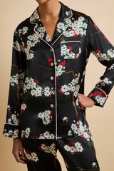 Lila René Black Blossom Pajamas in Silk Satin