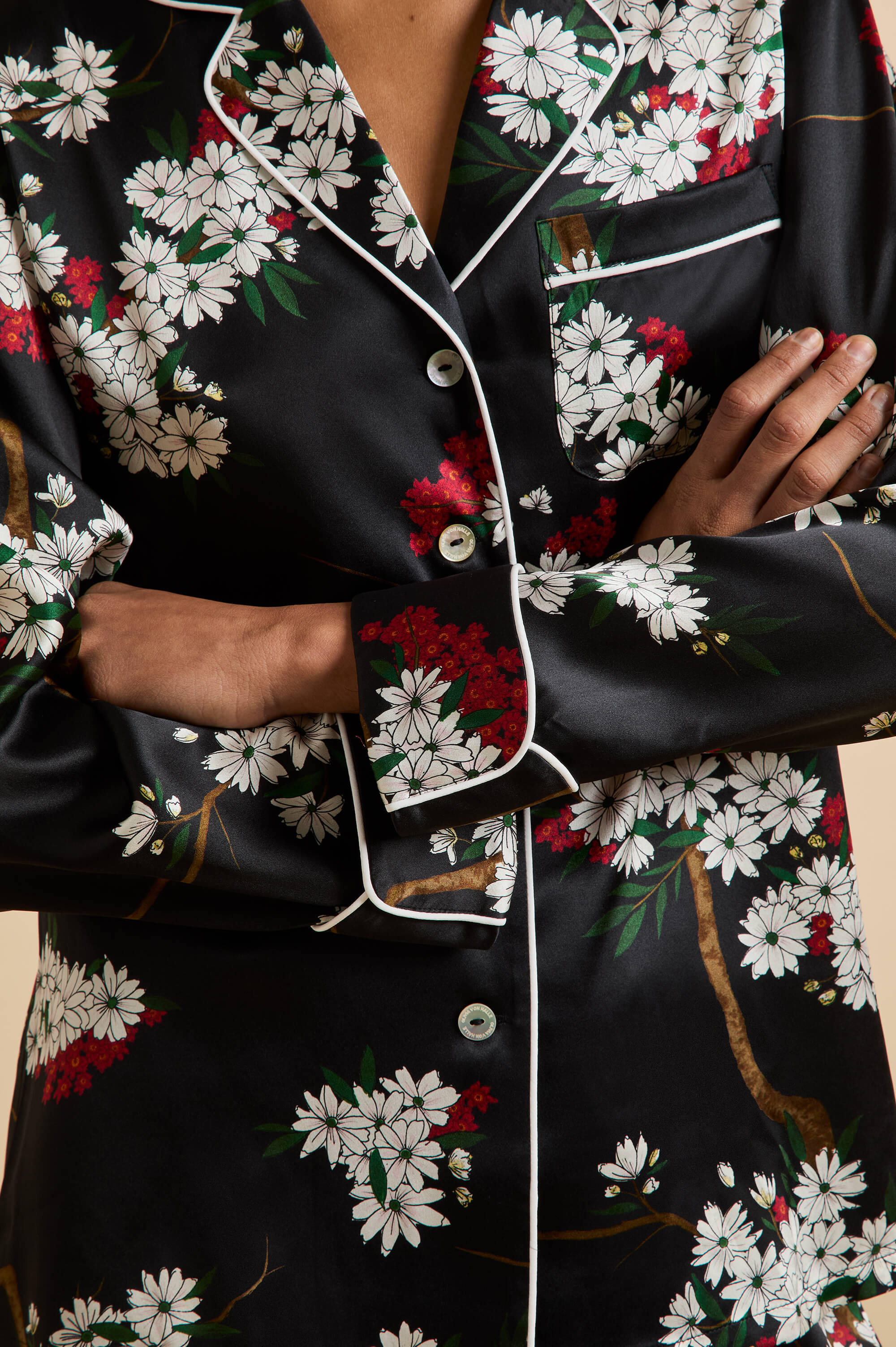 Lila René Black Blossom Pajamas in Silk Satin