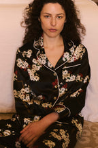 Lila René Black Blossom Pajamas in Silk Satin