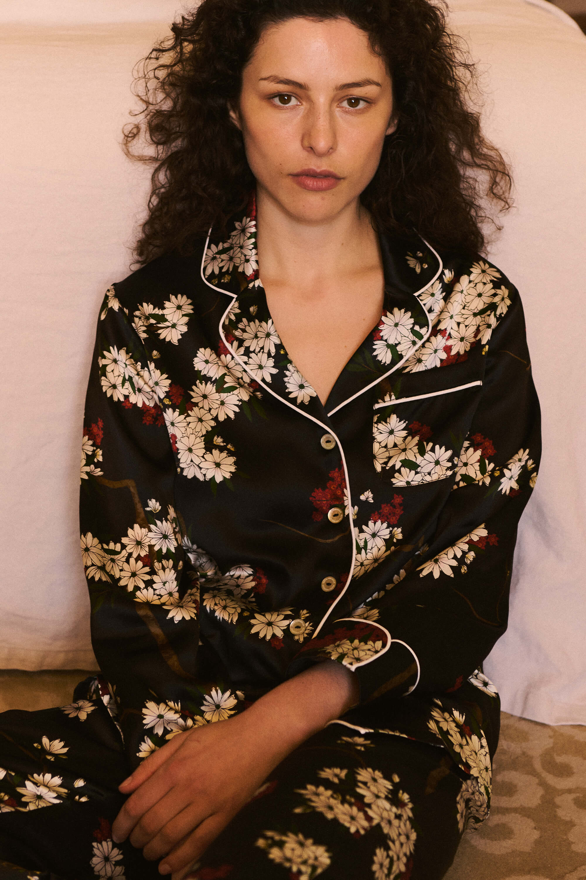 Lila René Black Blossom Pajamas in Silk Satin
