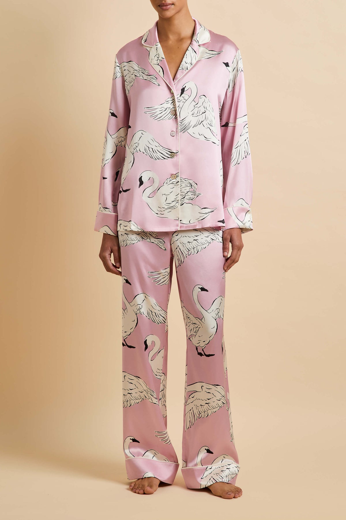 Lila Selene Pink Swan Pajamas in Silk Satin