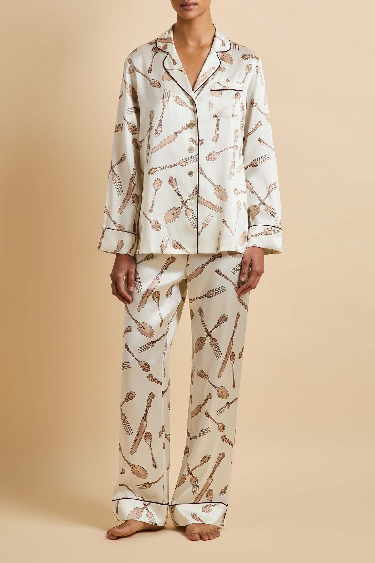 Lila Sevilla Cream Silverware Pajamas in Silk Satin