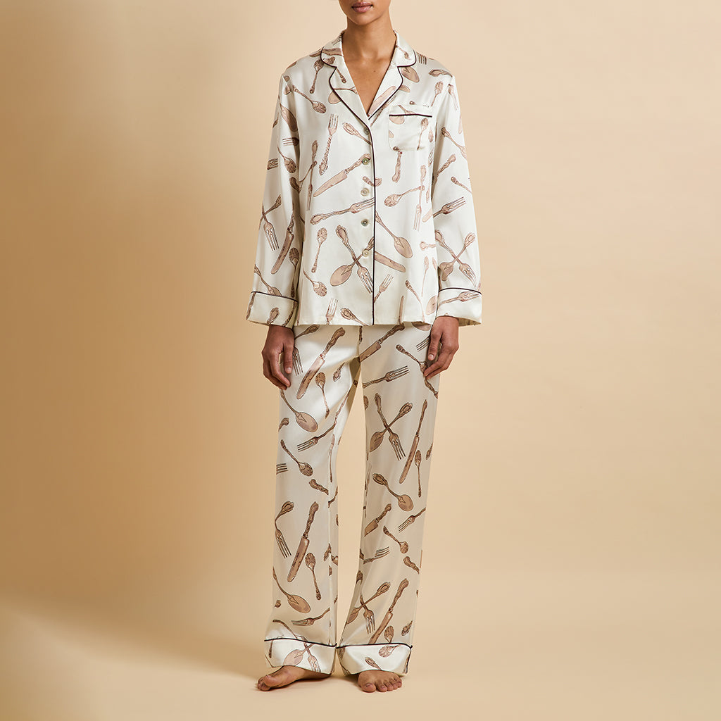 Lila Sevilla Cream Silverware Pajamas in Silk Satin