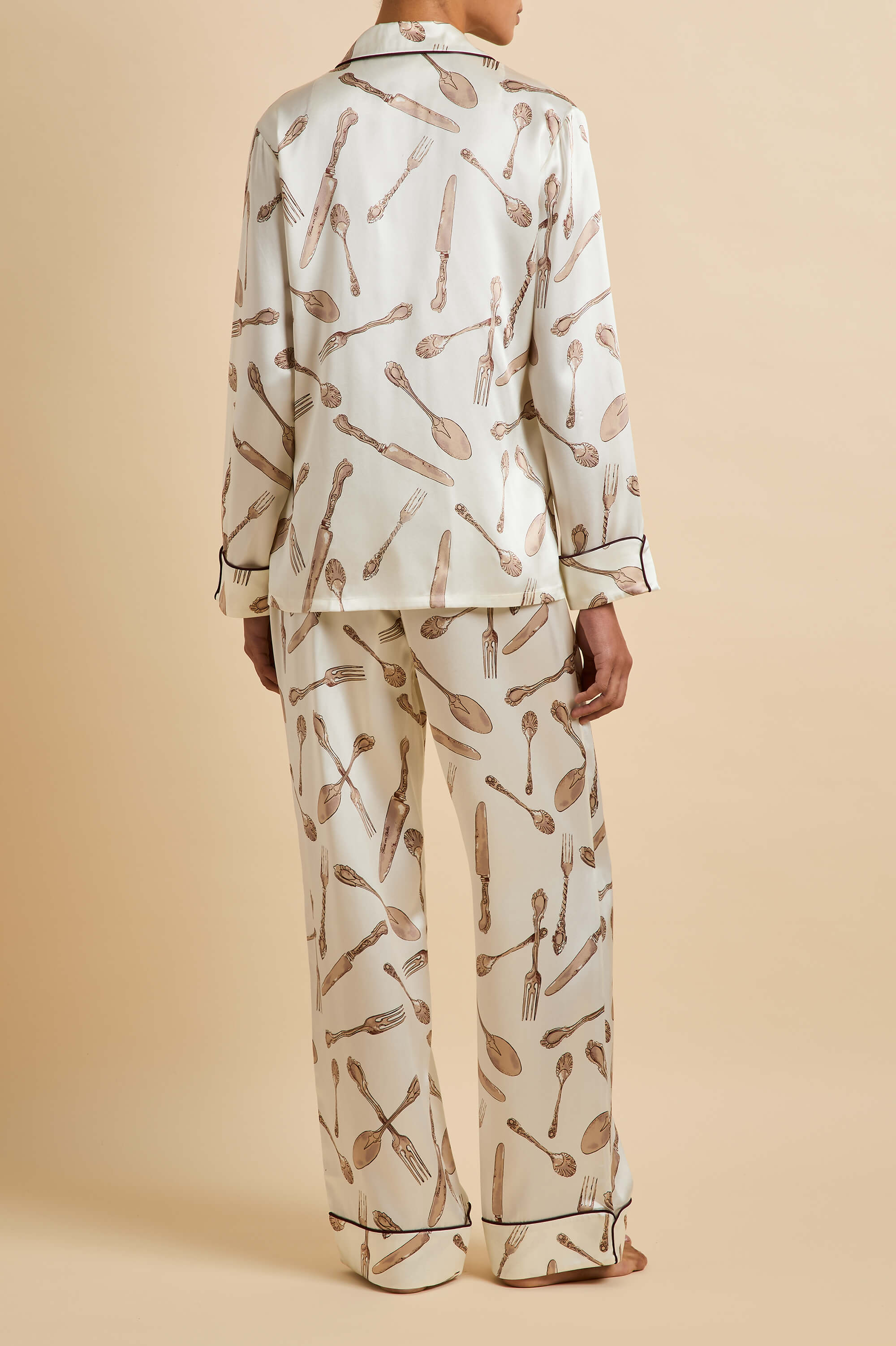 Lila Sevilla Cream Silverware Pajamas in Silk Satin