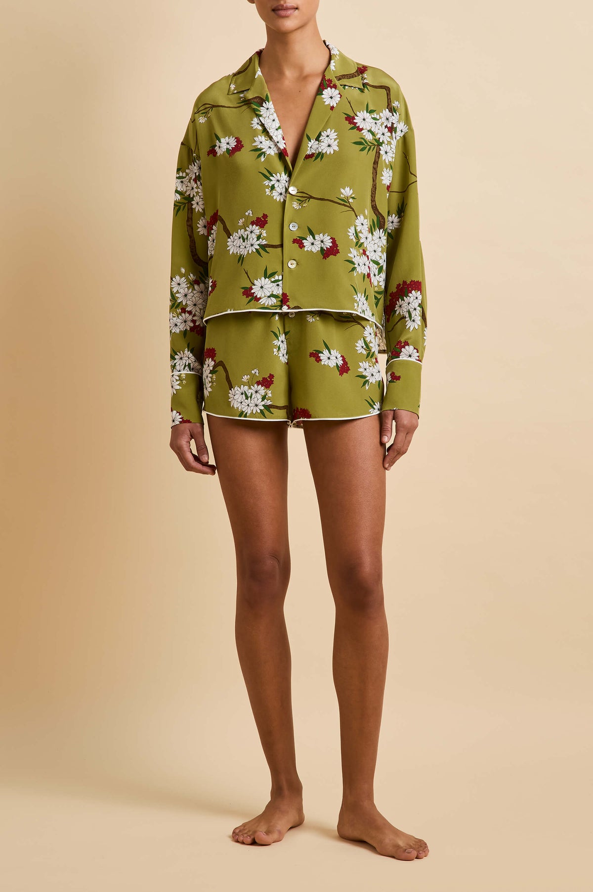 Lucia Cecille Green Blossom Pajamas in Silk Crêpe de Chine