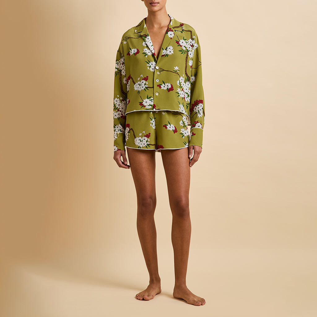 Lucia Cecille Green Blossom Pajamas in Silk Crêpe de Chine