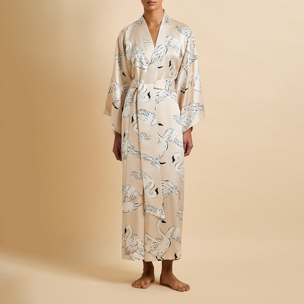 Queenie Blanca Cream Swan Robe in Silk Satin