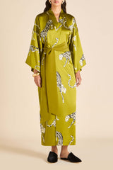 Queenie Chanson Green Leopard Robe in Silk Satin