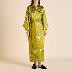 Queenie Chanson Green Leopard Robe in Silk Satin