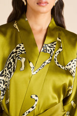 Queenie Chanson Green Leopard Robe in Silk Satin