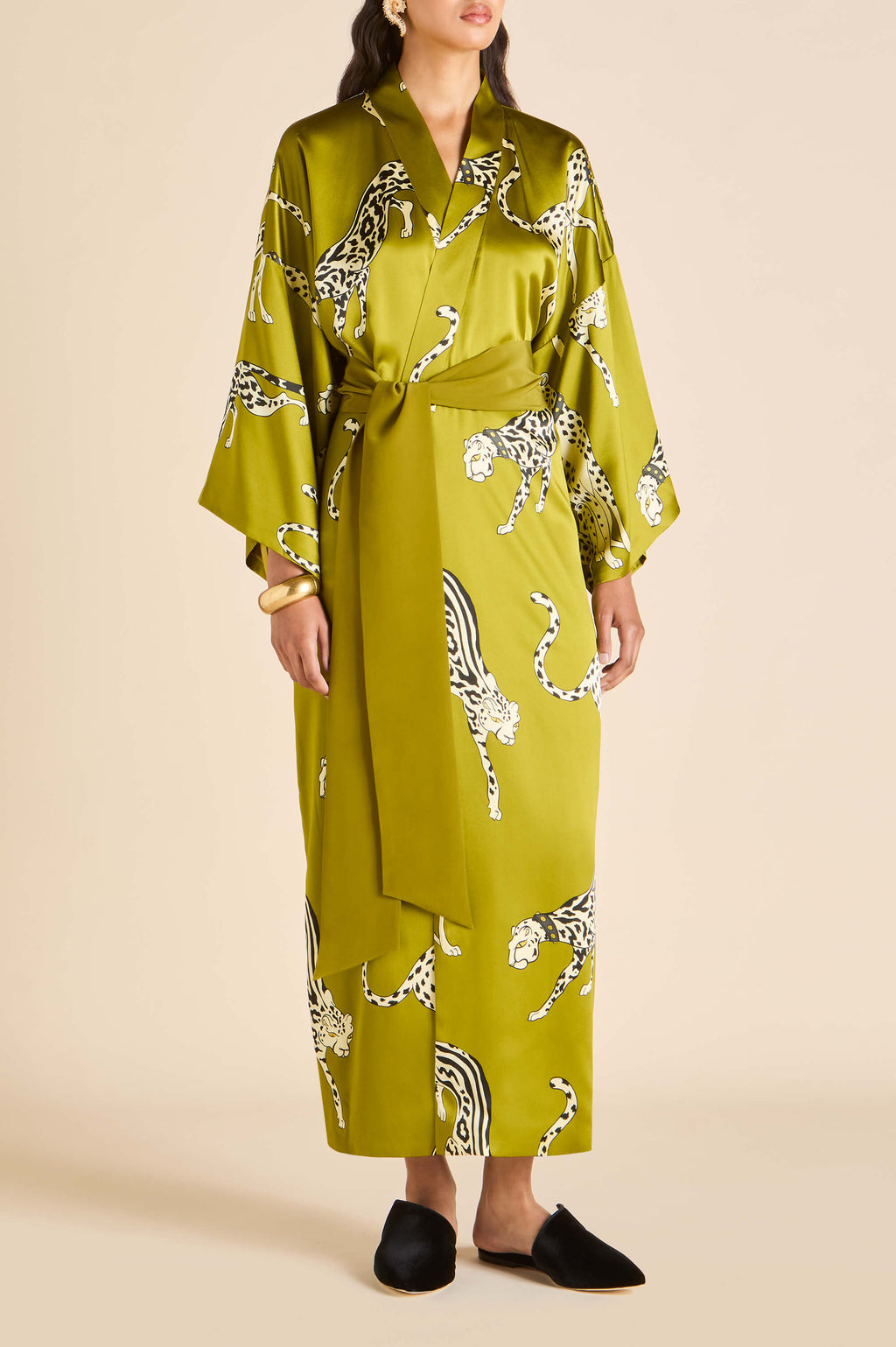 Queenie Chanson Green Leopard Robe in Silk Satin