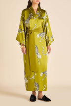 Queenie Chanson Green Leopard Robe in Silk Satin