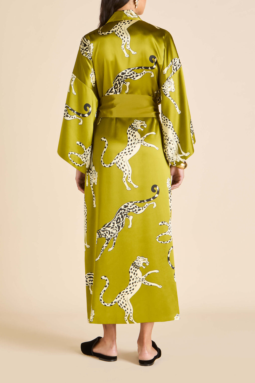 Queenie Chanson Green Leopard Robe in Silk Satin