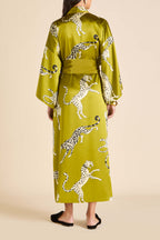 Queenie Chanson Green Leopard Robe in Silk Satin