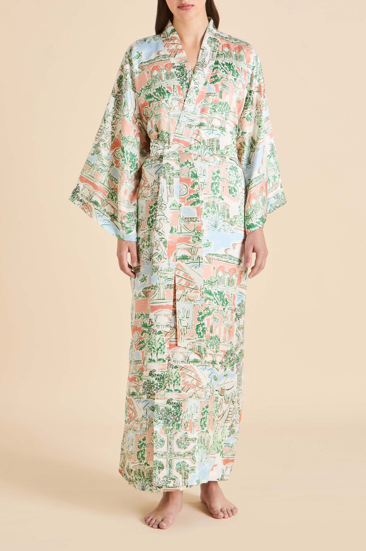 Queenie Mansion Peach Landscape Robe in Silk Satin