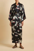Queenie René Black Blossom Robe in Silk Satin