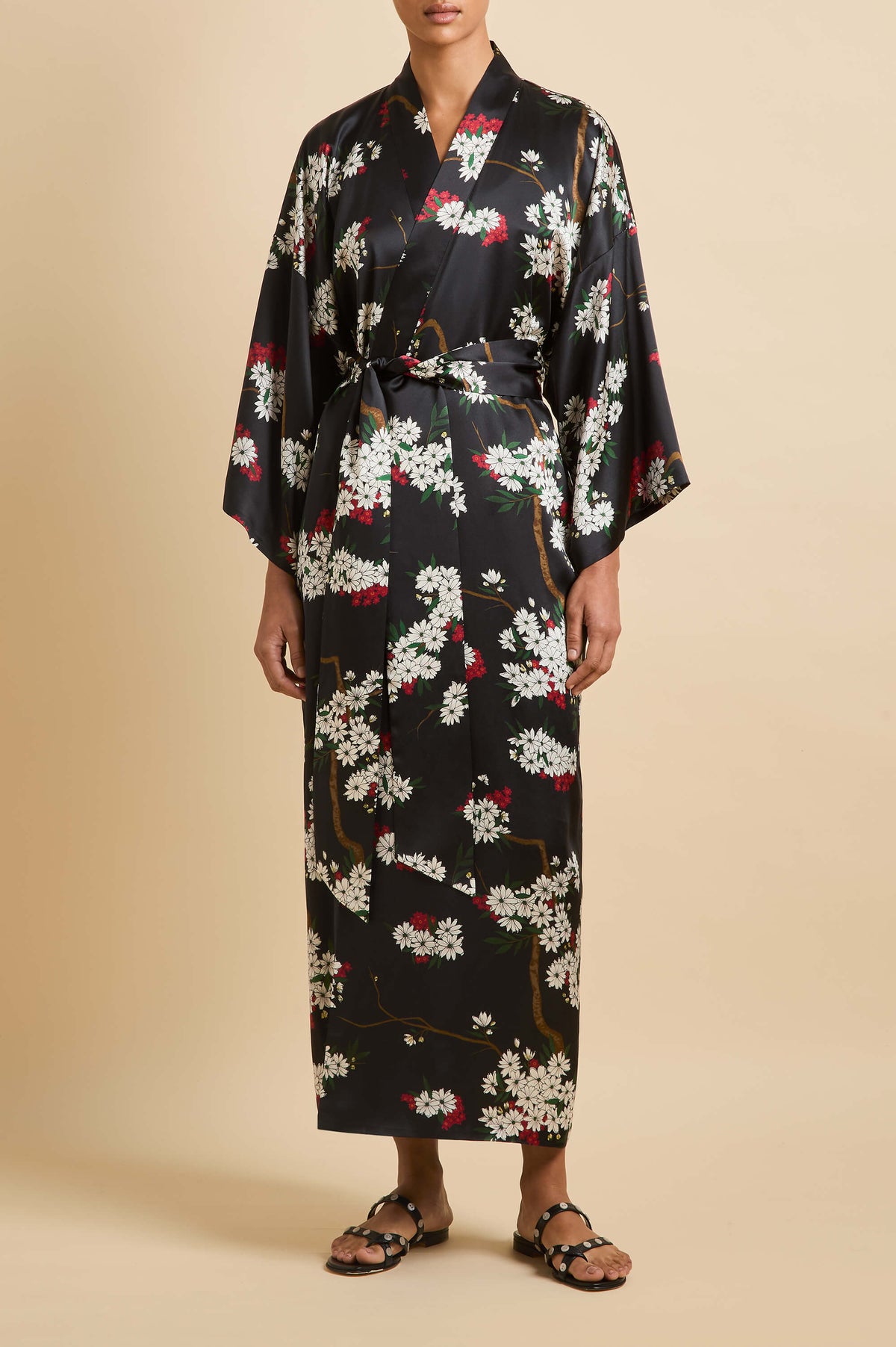 Queenie René Black Blossom Robe in Silk Satin