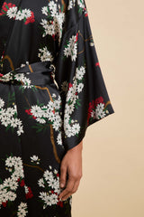 Queenie René Black Blossom Robe in Silk Satin