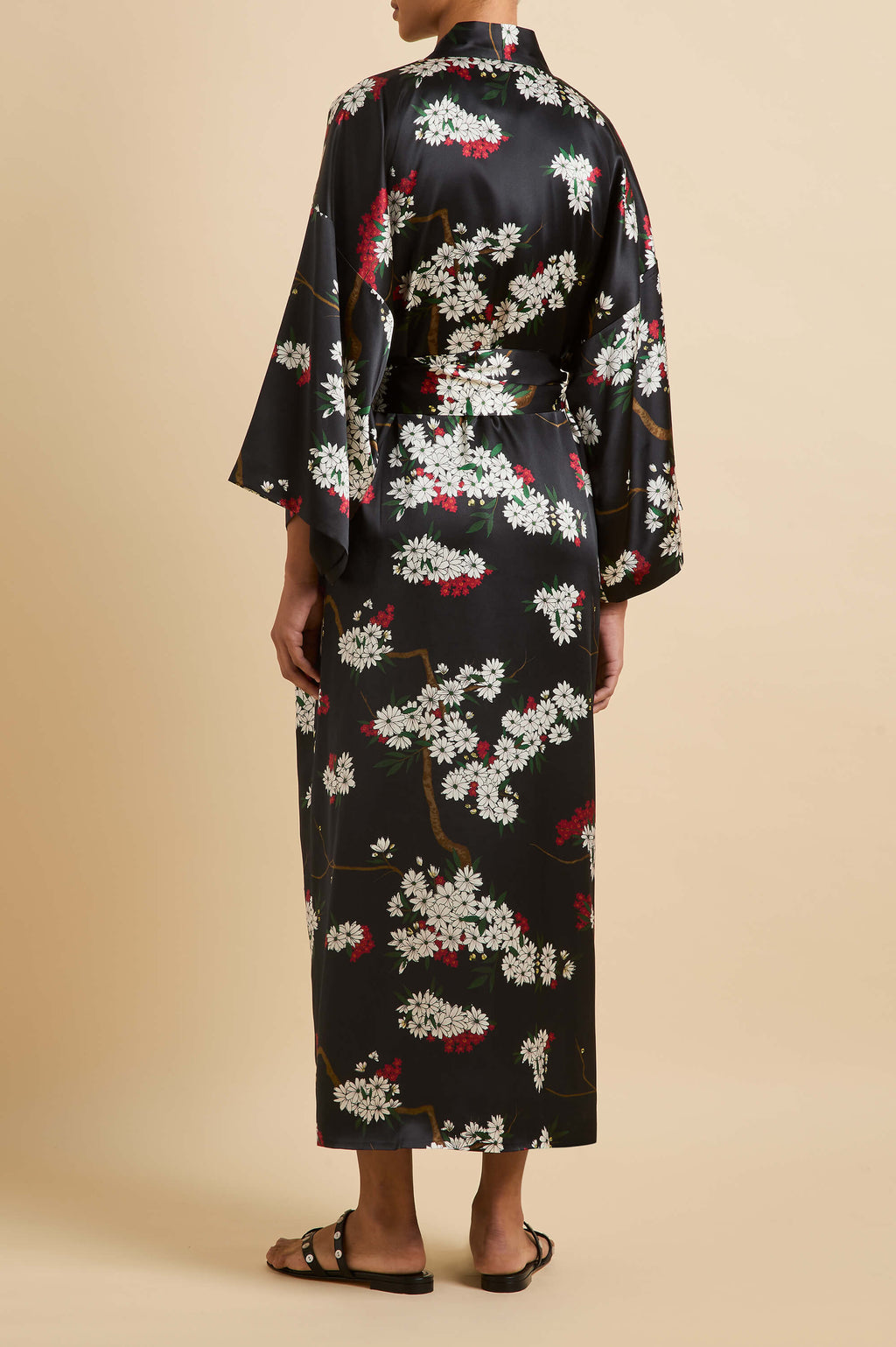 Queenie René Black Blossom Robe in Silk Satin