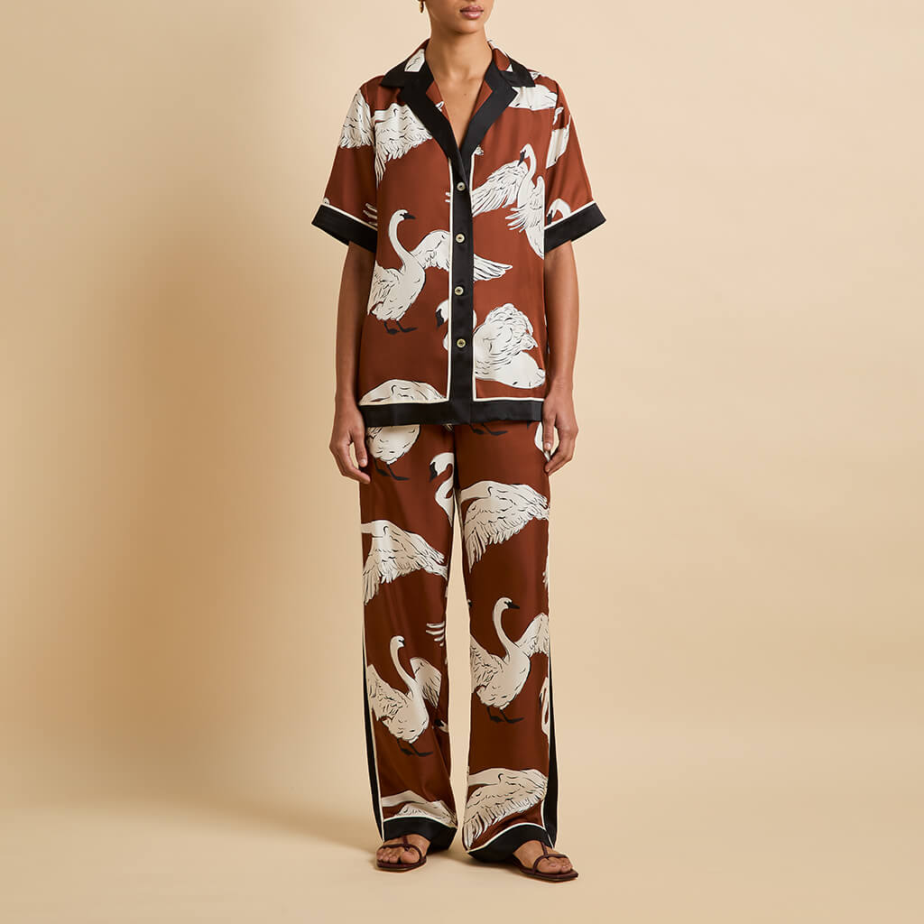 Tilda Inés Brown Swan Pajamas in Silk Twill