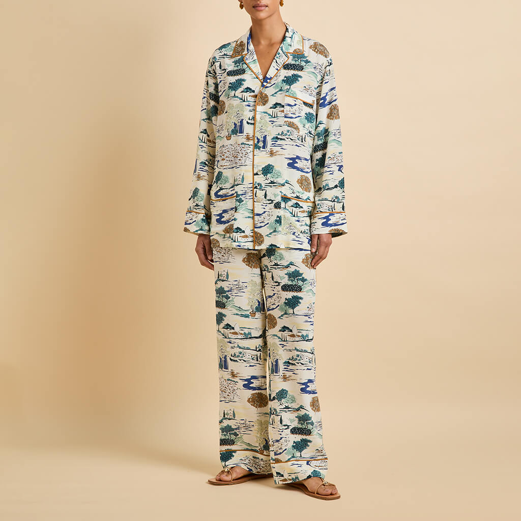 Yves Cadaqués Cream Landscape Pajamas in Silk Crêpe de Chine