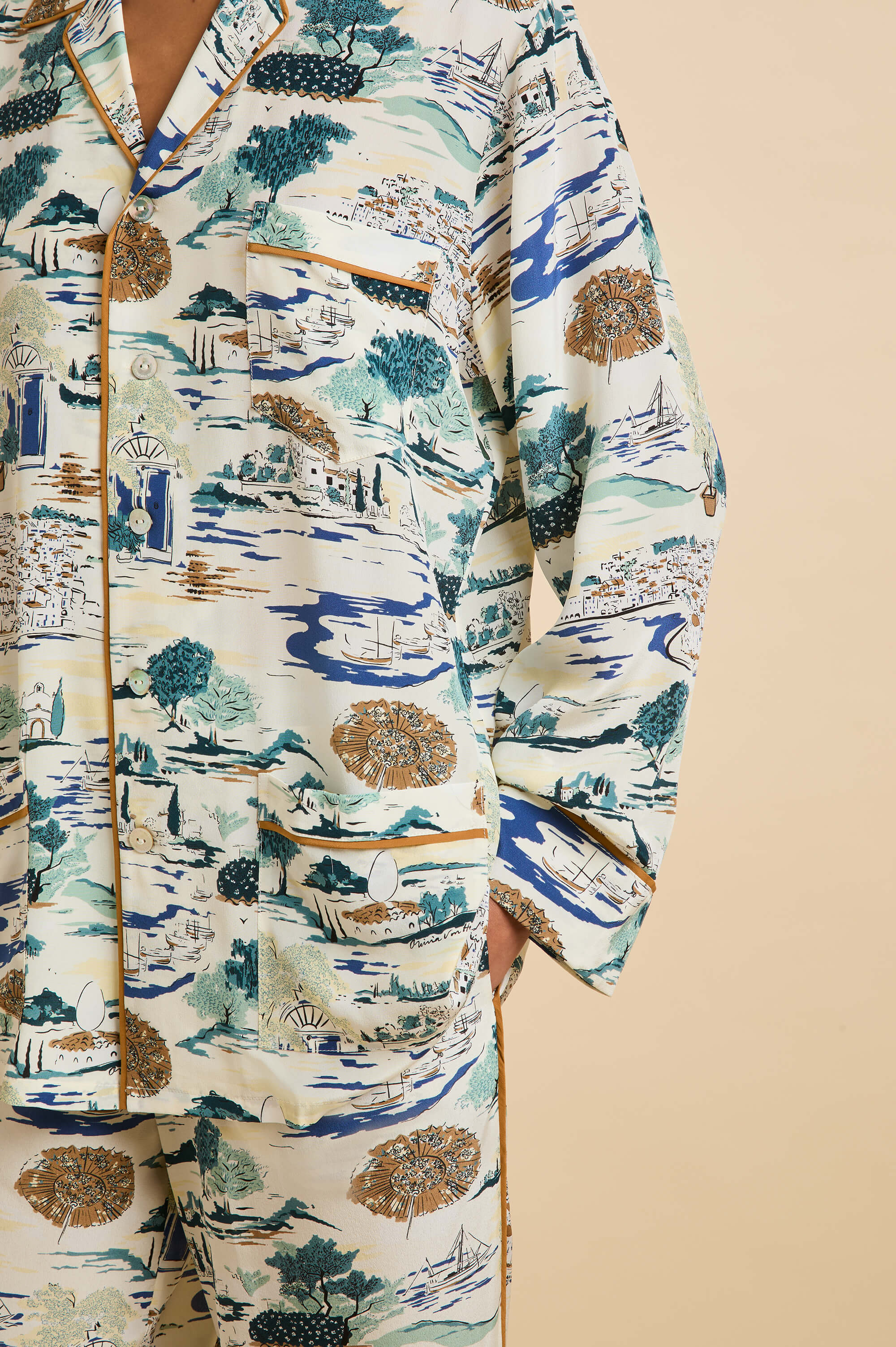 Yves Cadaqués Cream Landscape Pajamas in Silk Crêpe de Chine