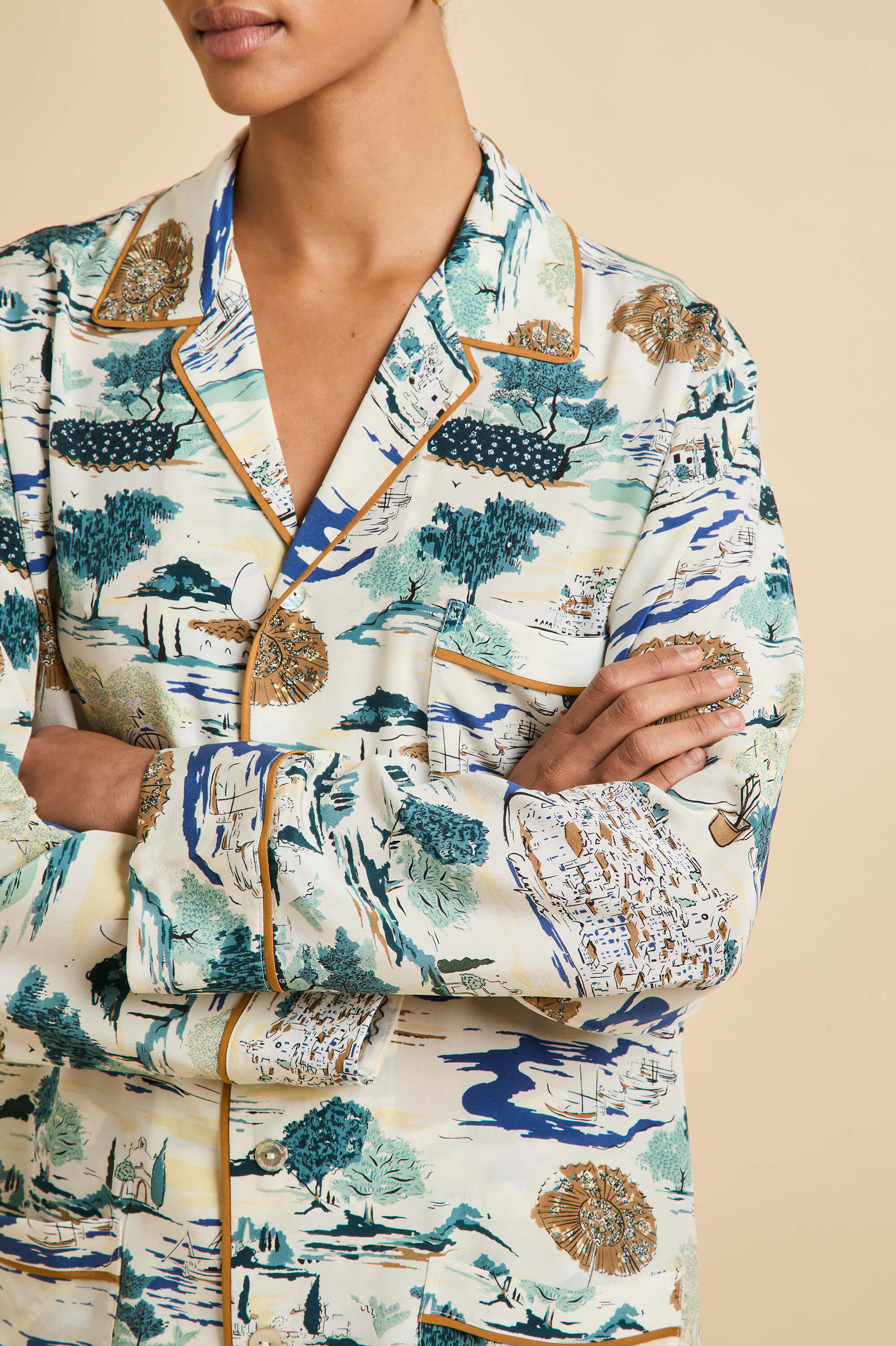 Yves Cadaqués Cream Landscape Pajamas in Silk Crêpe de Chine