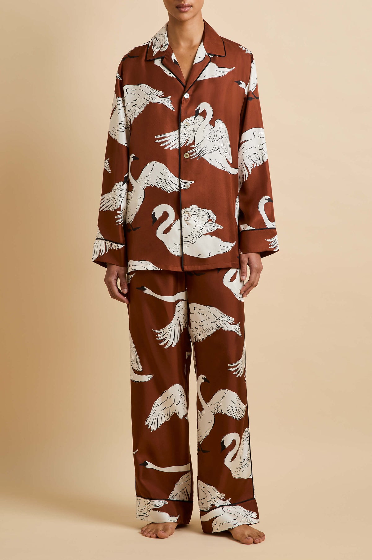 Yves Inés Brown Swan Pajamas in Silk Twill