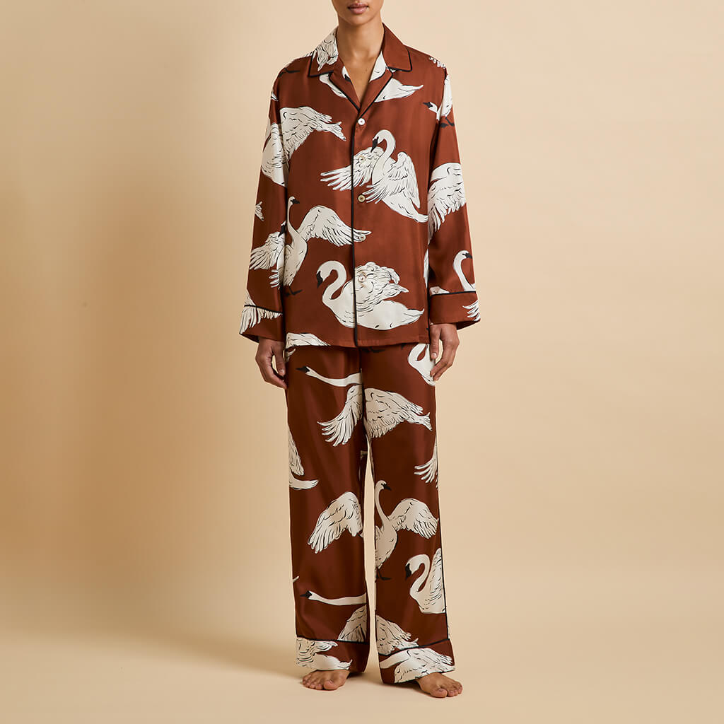 Yves Inés Brown Swan Pajamas in Silk Twill