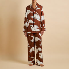 Yves Inés Brown Swan Pajamas in Silk Twill